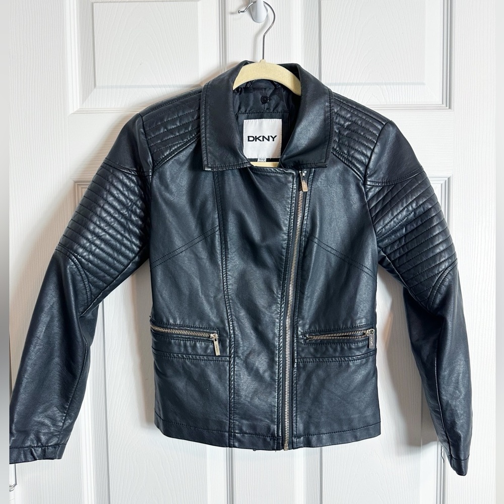 DKNY faux leather motto jacket girls size 10-12